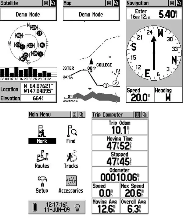 Giao diện các màn hình chức năng của máy GPS cầm tay