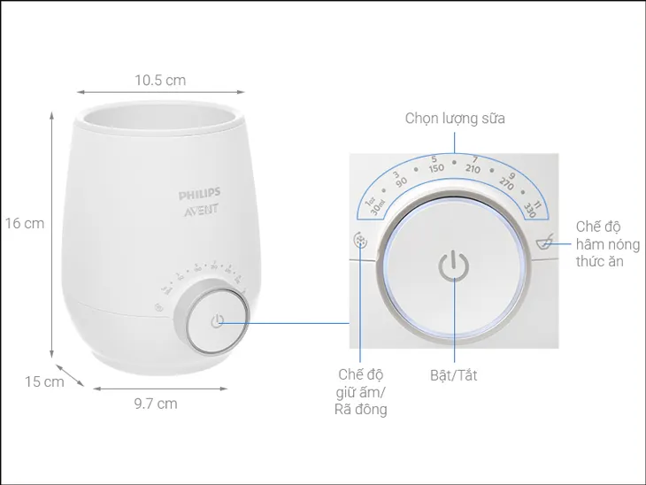 Bảng điều khiển máy hâm sữa Philips Avent với các ký hiệu chế độ hâm, giữ ấm và rã đông