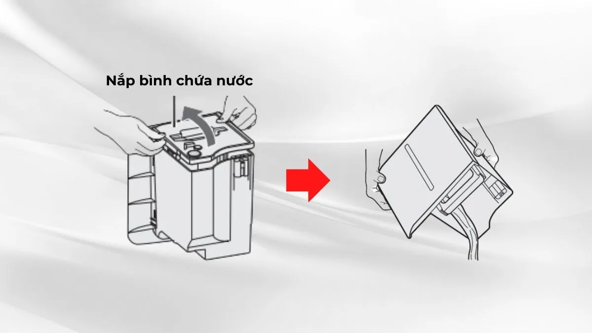 Tháo nắp bình chứa nước và đổ nước ra ngoài.
