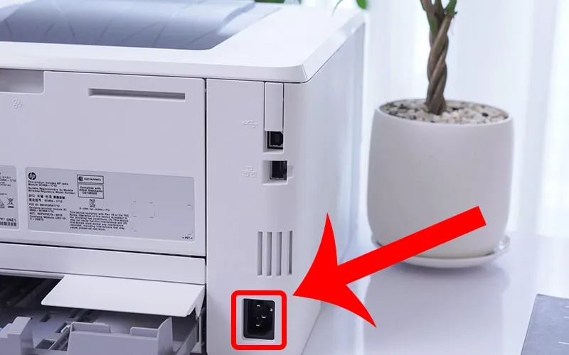 Rút phích cắm nguồn máy in Canon LBP 2900 khỏi ổ điện để đảm bảo ngắt hoàn toàn điện năng tiêu thụ