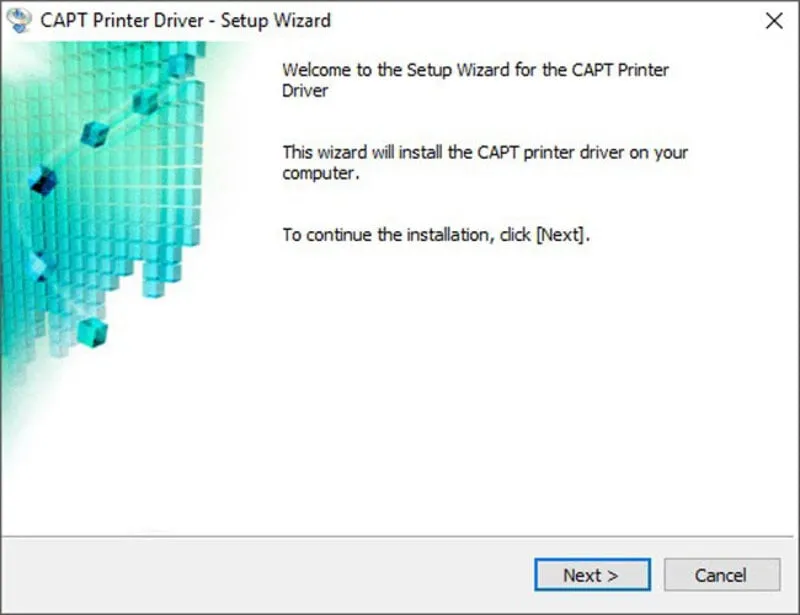 Cửa sổ cài đặt driver máy in Canon LBP 2900 hiển thị nút 'Next' để tiếp tục quá trình