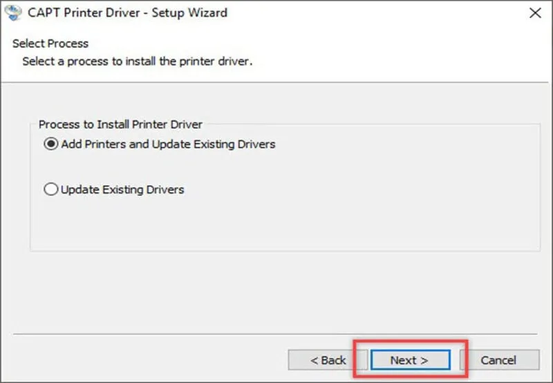 Màn hình hiển thị tùy chọn 'Add Printers and Update Existing Drivers' trong quá trình cài đặt driver Canon LBP 2900