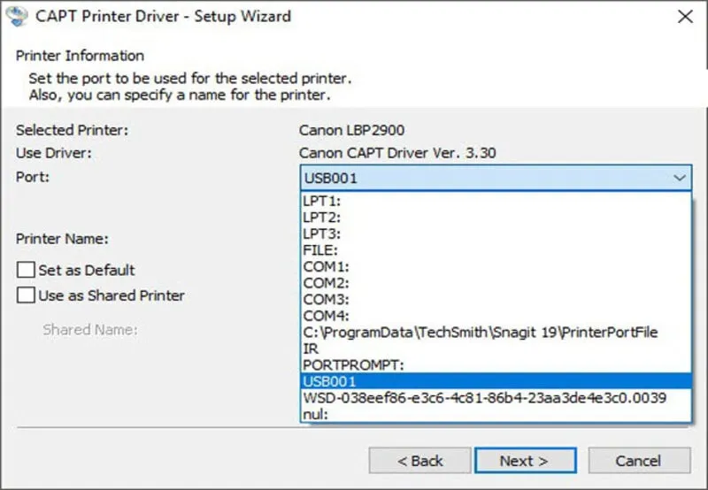 Cửa sổ cài đặt driver hiển thị lựa chọn cổng USB để kết nối máy in Canon LBP 2900 với máy tính