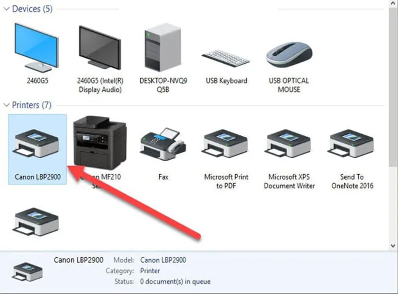 Danh sách thiết bị và máy in, hiển thị biểu tượng máy in Canon LBP 2900 đã được cài đặt thành công