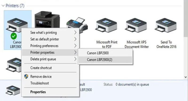 Menu ngữ cảnh khi nhấp chuột phải vào biểu tượng máy in Canon LBP 2900, hiển thị tùy chọn 'Set as default printer'