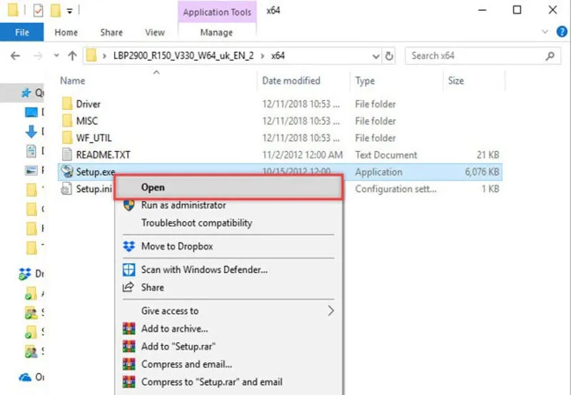 Màn hình máy tính hiển thị tùy chọn 'Open' khi nhấp chuột phải vào file Setup.exe để cài đặt driver máy in Canon LBP 2900