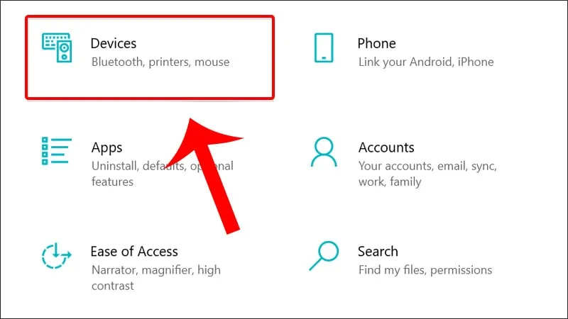 Màn hình cài đặt Windows, hiển thị biểu tượng 'Devices' để truy cập các thiết bị và máy in