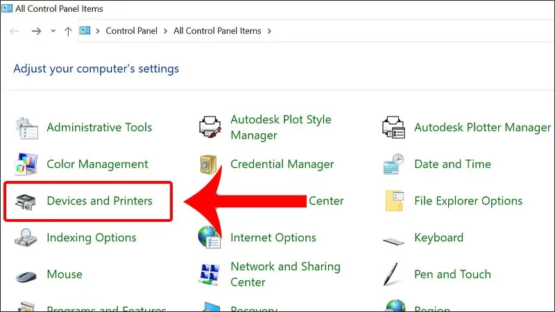 Tùy chọn 'Devices and Printers' trong Control Panel, nơi quản lý các máy in đã được cài đặt