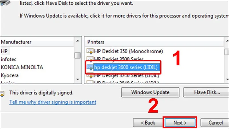 Danh sách các máy in có sẵn để kết nối, hiển thị quá trình lựa chọn máy in Canon LBP 2900