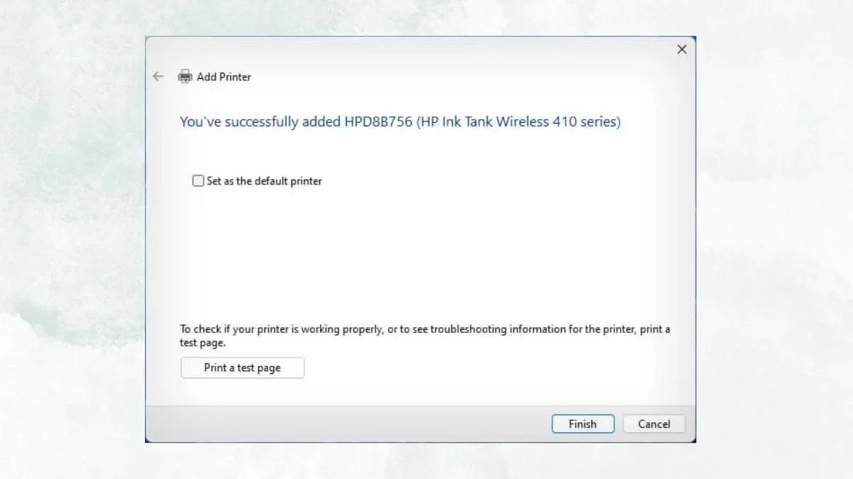 Cửa sổ cài đặt thành công sau khi thêm máy in HP không dây vào máy tính