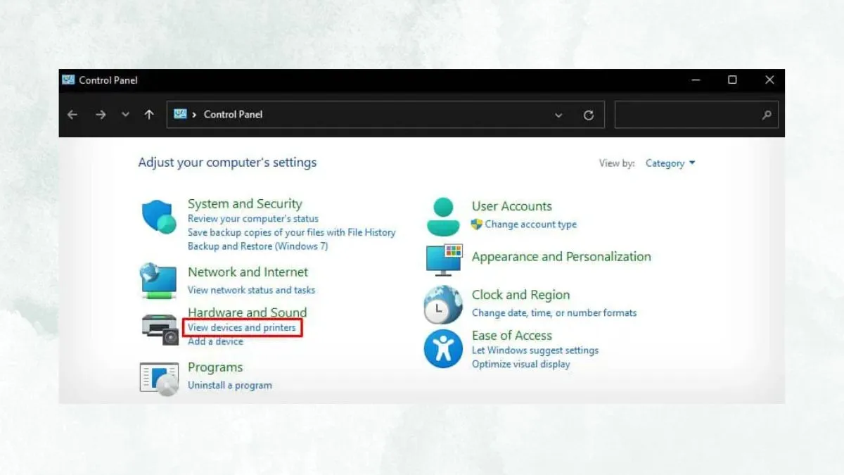 Cửa sổ Control Panel với tùy chọn View devices and Printer