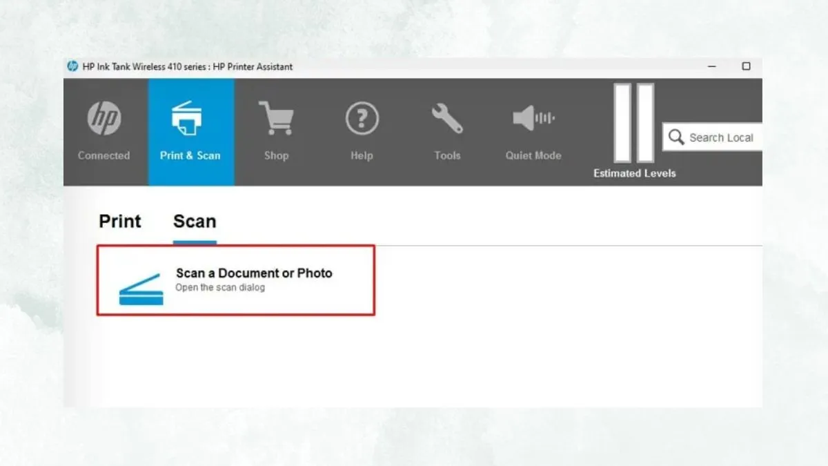 Màn hình tùy chọn Scan a Document or Photo trong phần mềm HP