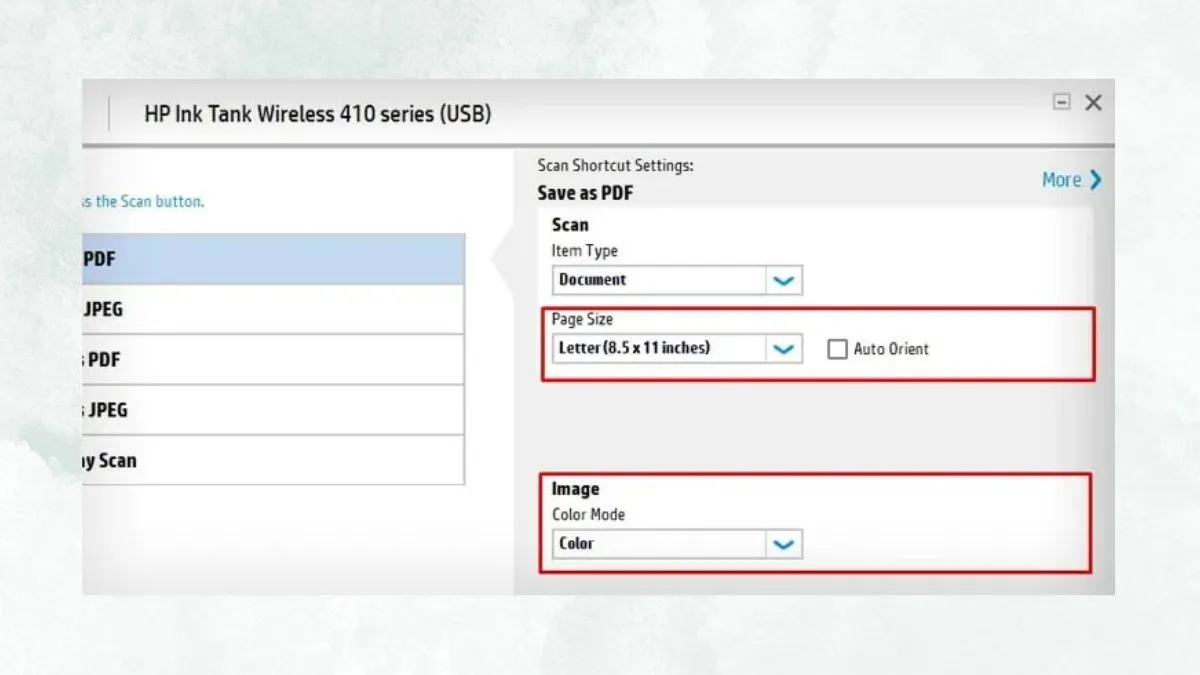 Cửa sổ lựa chọn định dạng lưu và chế độ màu khi quét tài liệu