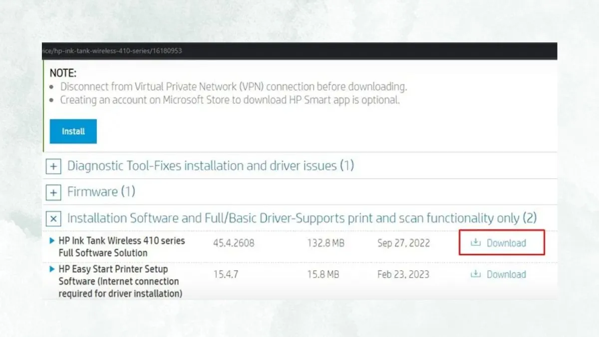 Giao diện tải xuống gói phần mềm đầy đủ của máy in HP