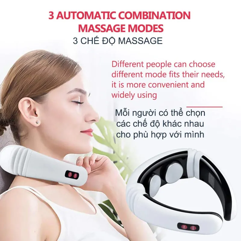 Người phụ nữ đang sử dụng máy massage cổ 3D để thư giãn, tận hưởng các chế độ xoa bóp tiên tiến