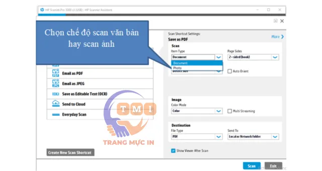 Chọn tab "Scan a Document or photo" và tùy chỉnh "Item Type" cho văn bản hoặc ảnh