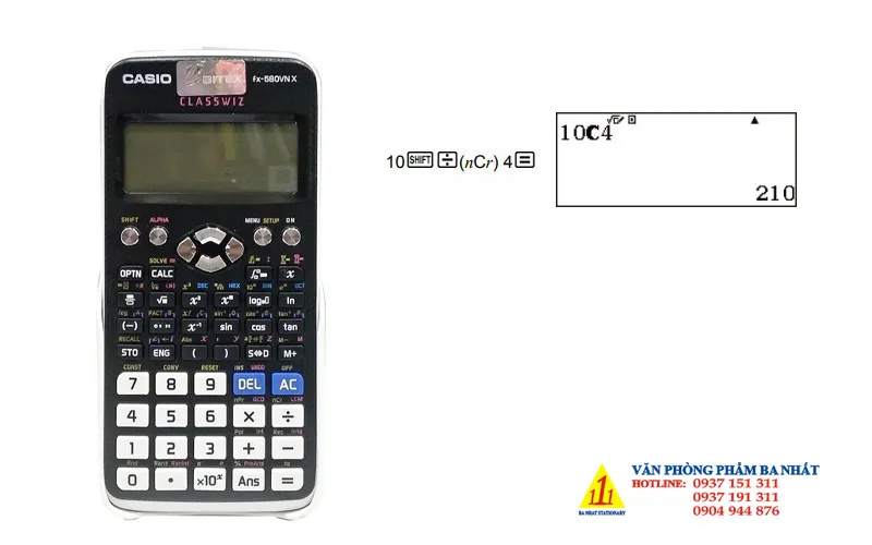 Hình ảnh màn hình máy tính Casio FX-580VNX hiển thị phép tính tổ hợp 10C4