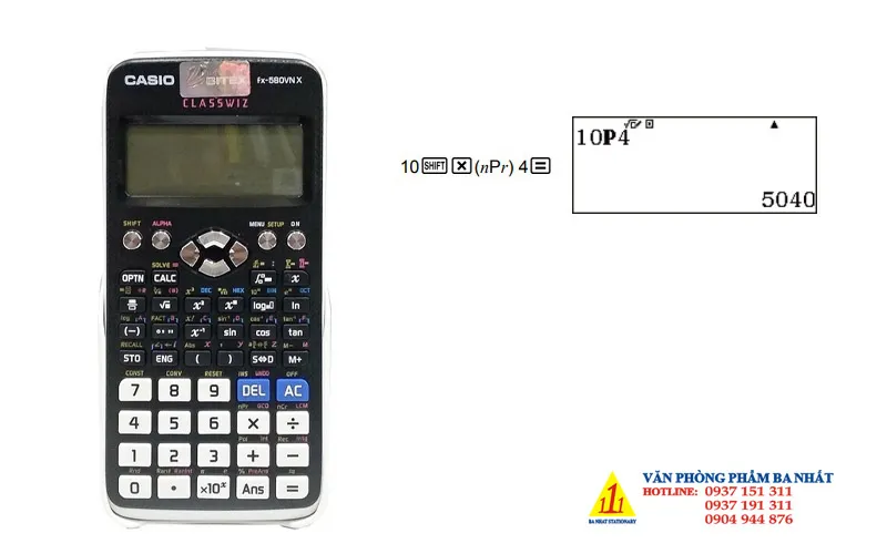 Hình ảnh màn hình máy tính Casio FX-580VNX hiển thị phép tính hoán vị 10P4