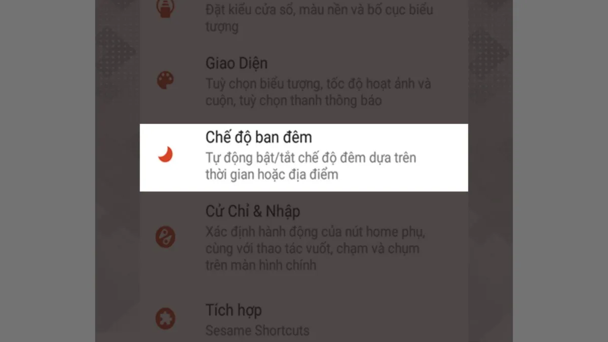 Màn hình cài đặt chế độ ban đêm trong Nova Launcher với các tùy chọn chủ đề sáng tối