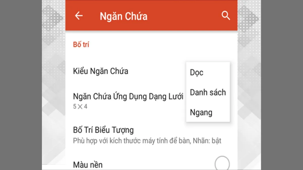 Màn hình tùy chỉnh ngăn chứa ứng dụng với các tùy chọn cuộn dọc và nền thẻ trong Nova Launcher