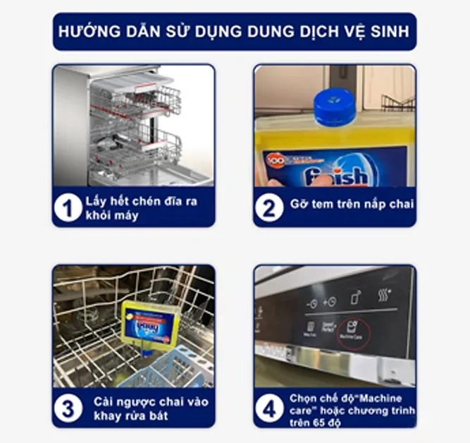 Đặt chai nước vệ sinh máy rửa bát Finish đúng cách trong khoang máy trước khi bắt đầu chu trình.
