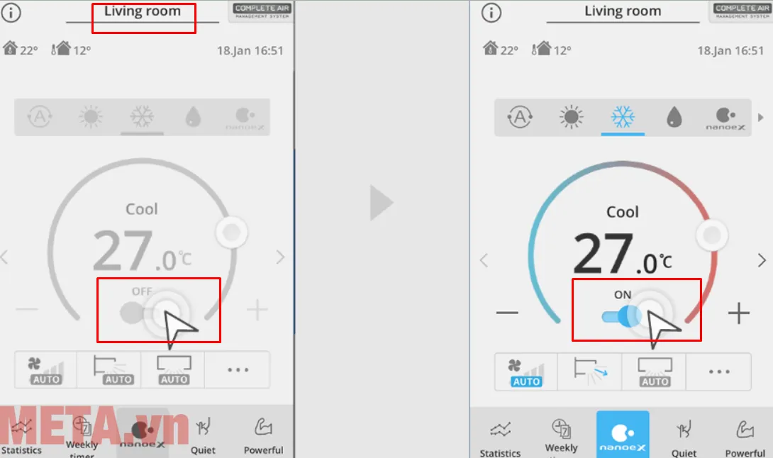 Giao diện ứng dụng Comfort Cloud Panasonic hiển thị cách bật tắt máy điều hòa từ xa