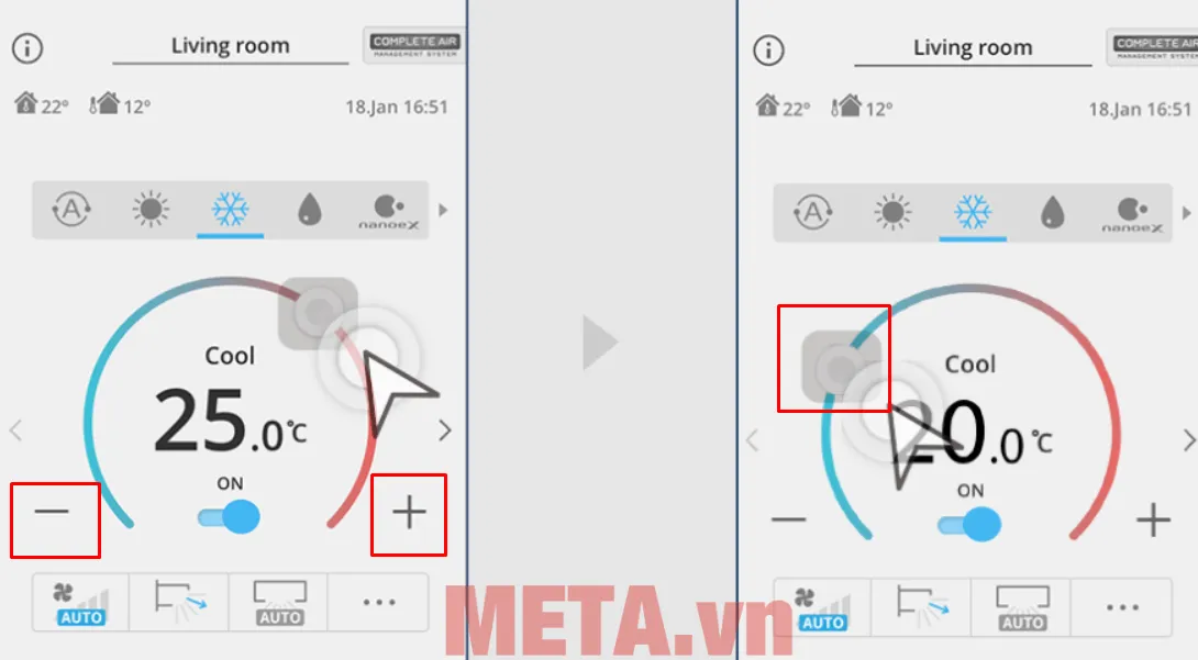 Ứng dụng Comfort Cloud Panasonic minh họa cách thay đổi cài đặt nhiệt độ máy điều hòa