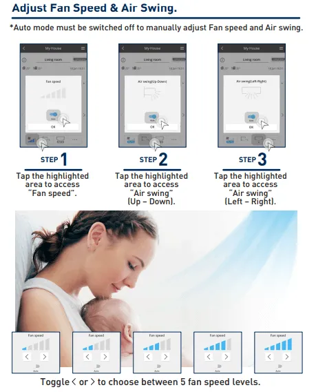 Giao diện Comfort Cloud Panasonic hướng dẫn cách điều chỉnh lượng không khí và hướng gió