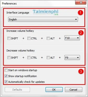 Giao diện cài đặt tùy chỉnh phím tắt và các tùy chọn khác trong máy tăng âm Sound Booster
