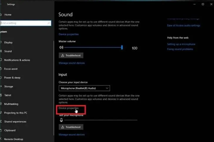 Chọn thuộc tính thiết bị trong cài đặt âm thanh đầu vào để cấu hình micrô