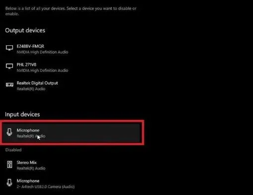 Chọn micrô cụ thể trong danh sách thiết bị đầu vào để quản lý