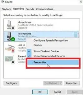 Truy cập thuộc tính micrô từ tab Recording trong bảng điều khiển âm thanh