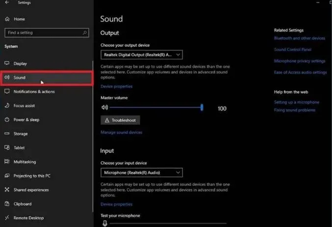 Mở cài đặt hệ thống Windows và chọn mục âm thanh để kiểm tra micrô