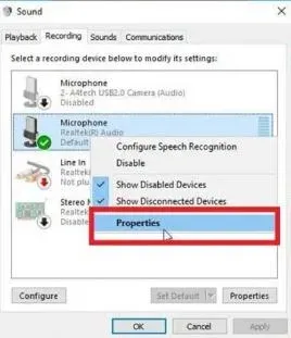 Truy cập thuộc tính thiết bị ghi âm từ tab Recording trong cài đặt âm thanh