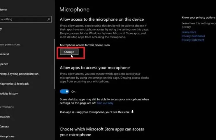 Bật công tắc chính để cấp quyền truy cập micrô cho các ứng dụng