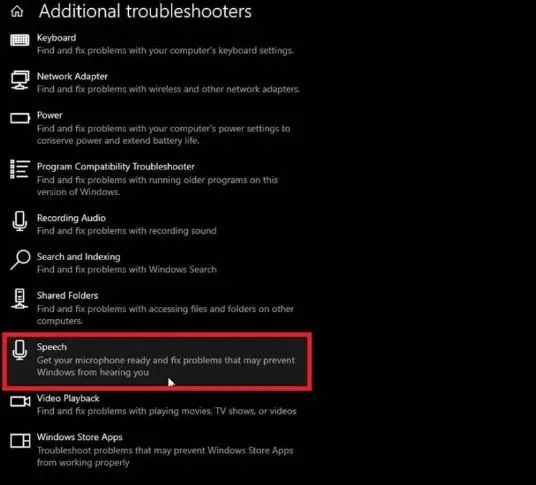 Chọn tùy chọn Speech và chạy trình khắc phục sự cố cho micrô tích hợp