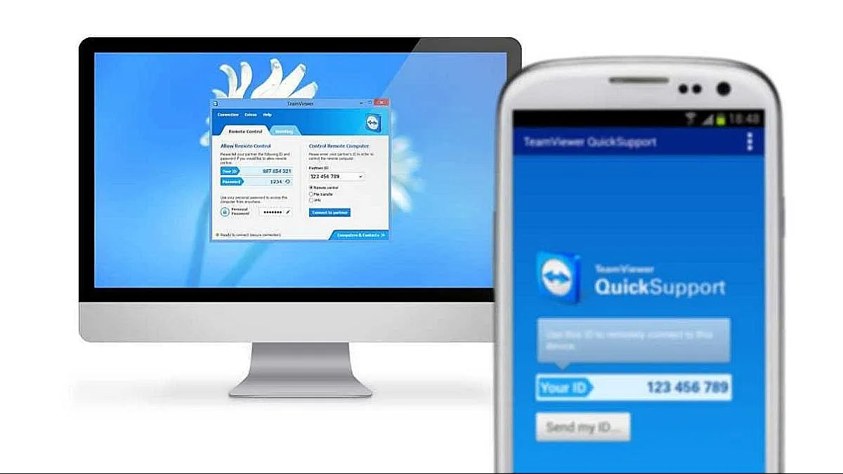 Màn hình điện thoại hiển thị giao diện TeamViewer, hướng dẫn cách sử dụng TeamViewer trên máy tính từ xa qua thiết bị di động.
