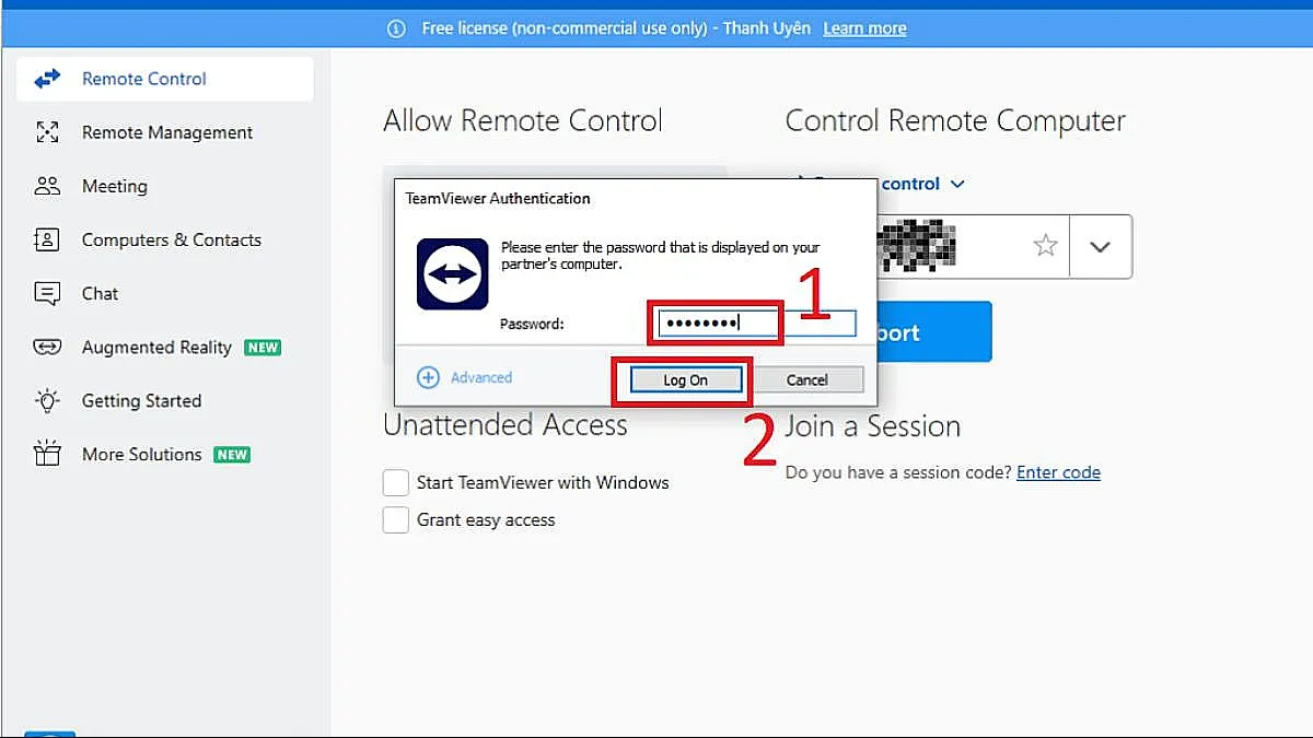 Giao diện nhập ID để điều khiển, phần không thể thiếu trong cách sử dụng TeamViewer trên máy tính hiệu quả.