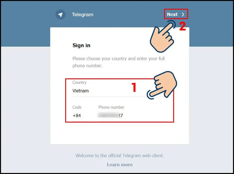 Bước đăng nhập Telegram trên trình duyệt web, chọn quốc gia và nhập số điện thoại để tiếp tục quá trình xác thực