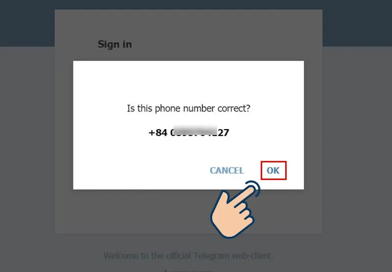 Màn hình xác nhận số điện thoại đã nhập trên Telegram web, đảm bảo thông tin chính xác trước khi gửi mã