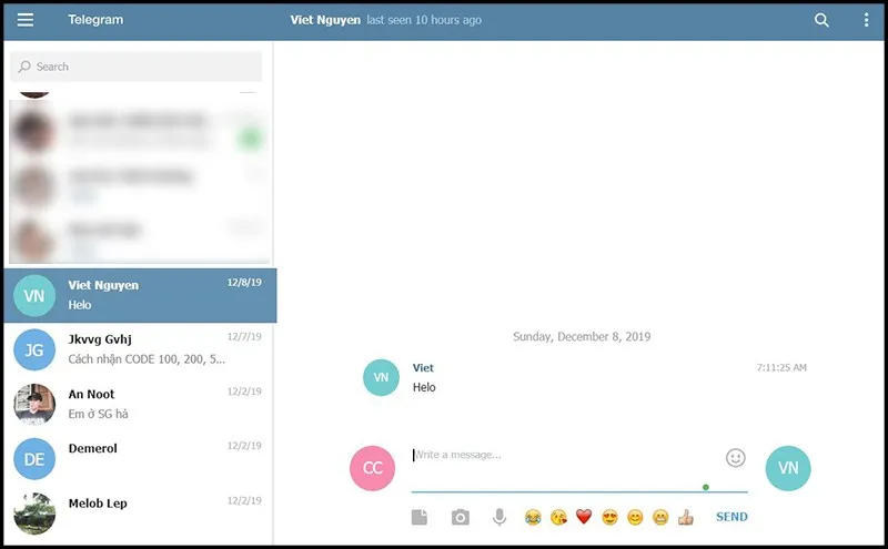 Giao diện chính của Telegram trên trình duyệt web sau khi đăng nhập thành công, hiển thị danh sách cuộc trò chuyện