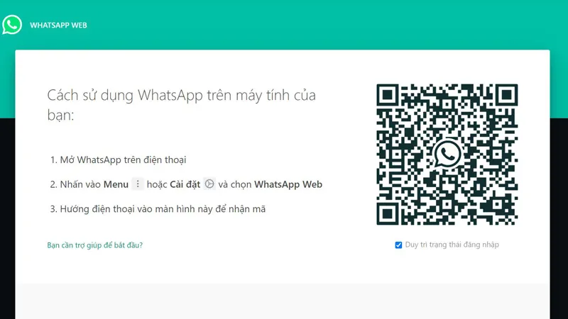Giao diện WhatsApp Web hiển thị mã QR để quét bằng điện thoại