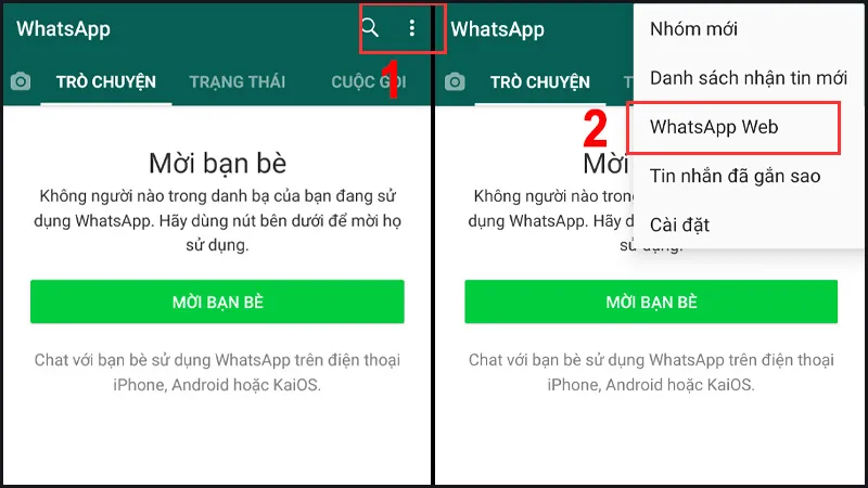 Menu cài đặt của WhatsApp trên điện thoại với tùy chọn WhatsApp Web