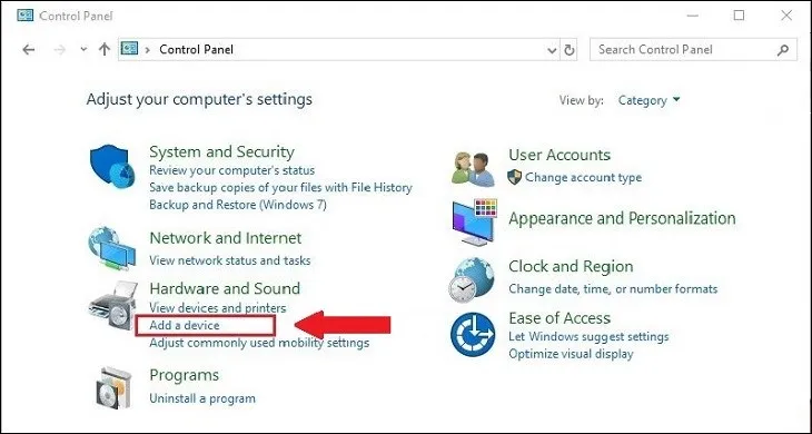 Màn hình Control Panel chọn tùy chọn Add a device để thêm thiết bị Bluetooth mới cho máy tính