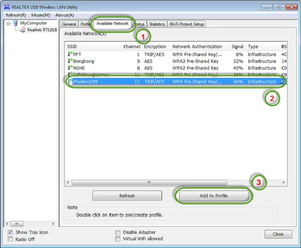 Giao diện chọn mạng Wi-Fi khả dụng sau khi cài đặt USB Wi-Fi