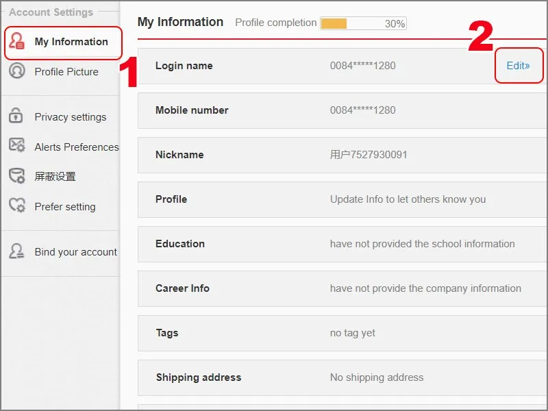 Nhấn Edit tại mục Login name để đổi tên đăng nhập Weibo trên máy tính