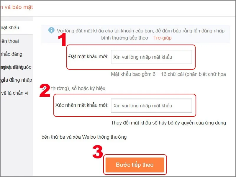 Nhập và xác nhận mật khẩu mới khi sử dụng Weibo trên máy tính