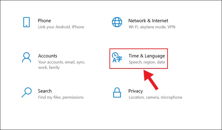Chọn Time &amp; Language trong cài đặt Windows để cấu hình bàn phím máy tính