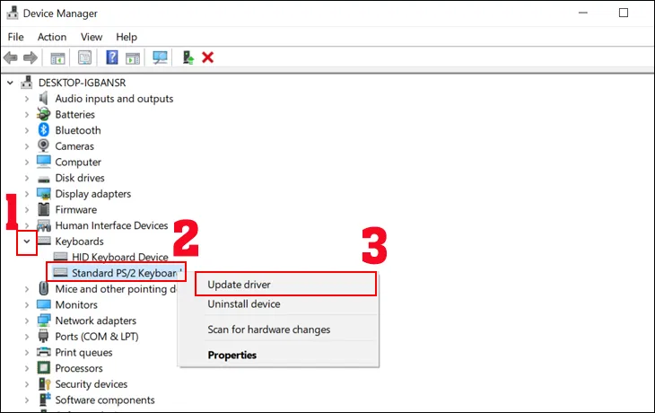 Mở Device Manager, chọn Keyboard, và click chuột phải vào thiết bị để chọn Update Driver