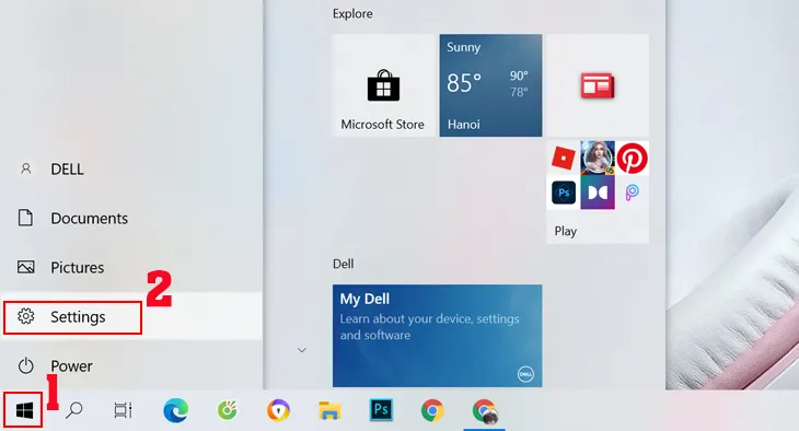 Menu cài đặt Windows, chọn Settings để bắt đầu cấu hình